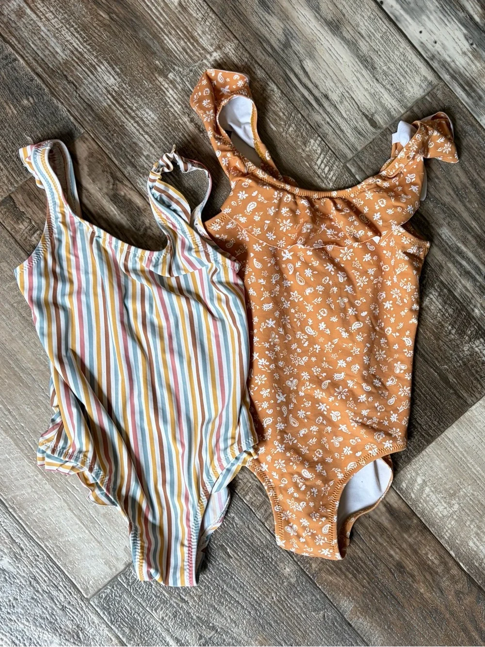 Zara Kids Rust Floral One-Piece Swimsuit with Multi-Stripe Complement